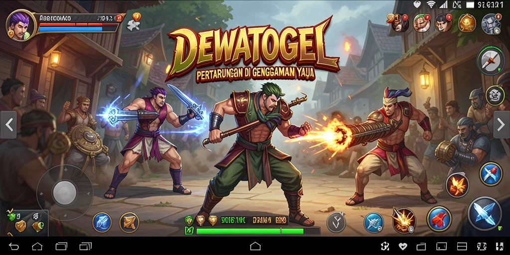 Tangkapan layar gameplay DEWATOGEL menampilkan pertarungan seru dan karakter yang unik.