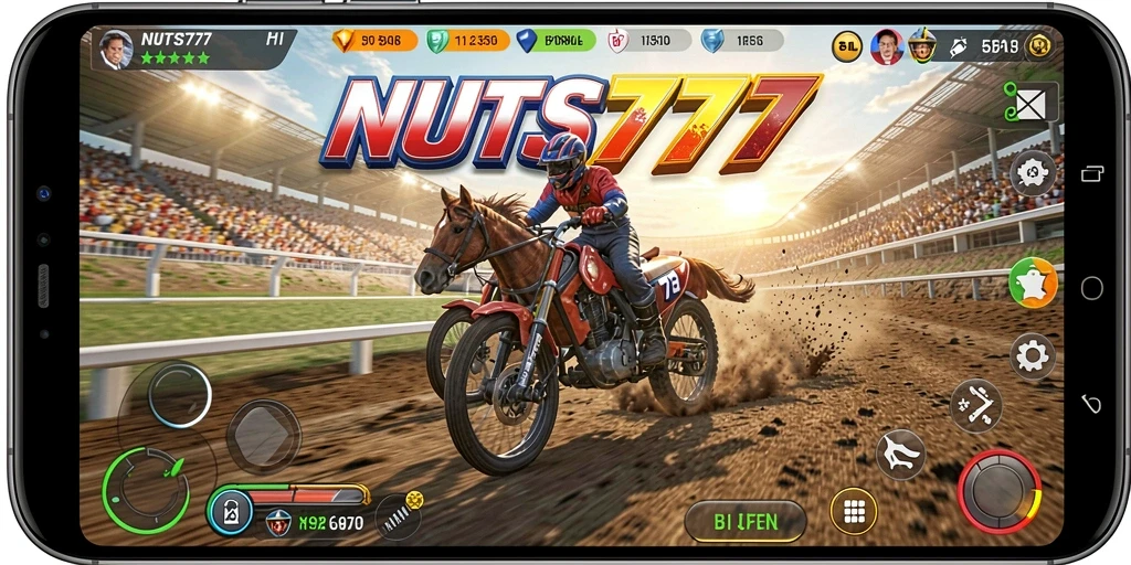 Screenshot menampilkan aksi balap yang mendebarkan dalam NUTS777.