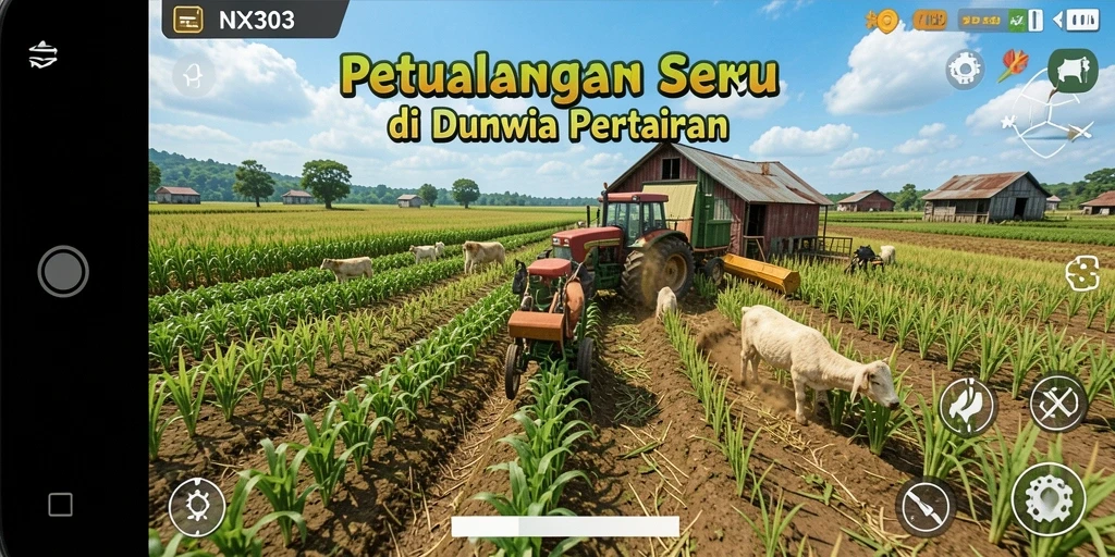 Tampilan screenshot NX303 menunjukkan aktivitas bertani yang seru dan berwarna.