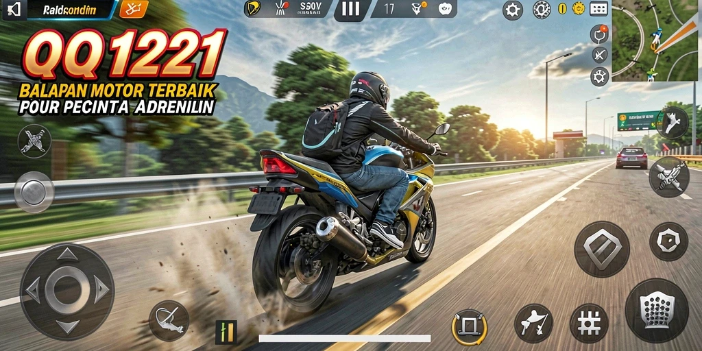 Screenshot utama QQ1221 menampilkan aksi balapan motor yang mendebarkan.