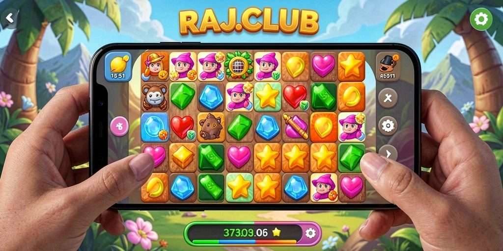 Tampilan gameplay RAJACLUB dengan teka-teki Match-3 yang menggugah selera.