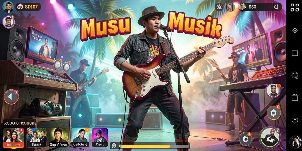 Screenshot utama SD107 menampilkan gameplay seru dengan lagu-lagu favorit.
