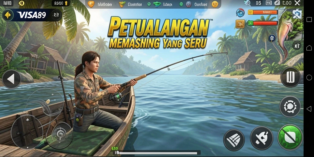 Tampilan menarik dari gameplay memancing di VISA89 dengan berbagai ikan dan lokasi.